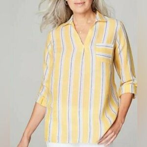 J Jill XS Shirt Love Linen Yellow Striped Popover Roll Tab Sleeve Tunic Top